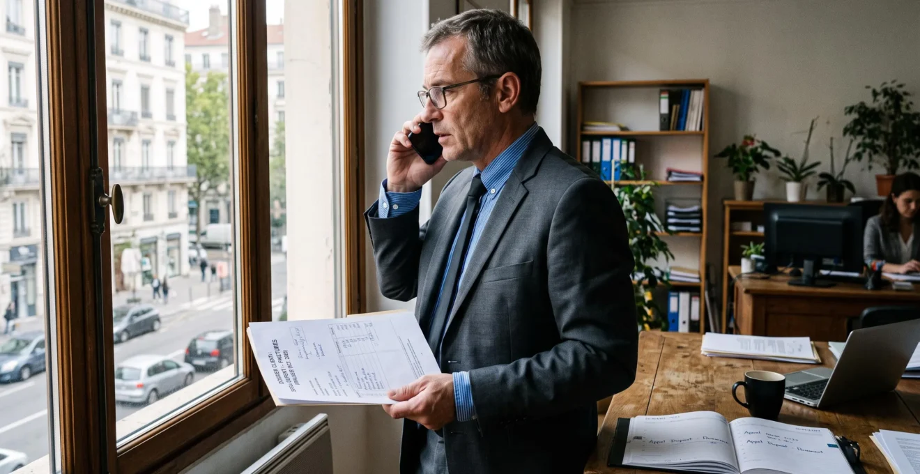 Un dirigeant appelle un client au téléphone avec un dossier client en main.