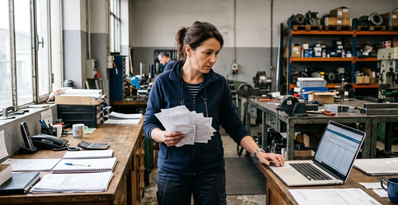 Une gérante de PME compare une pile de factures avec son relevé bancaire dans son atelier.