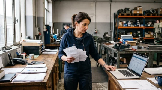 Une gérante de PME compare une pile de factures avec son relevé bancaire dans son atelier.